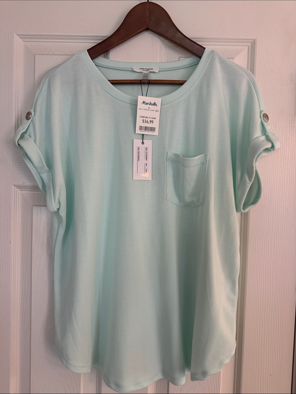 Cable and Gauge Mint Green Short Sleeve Pocket Tee for Women